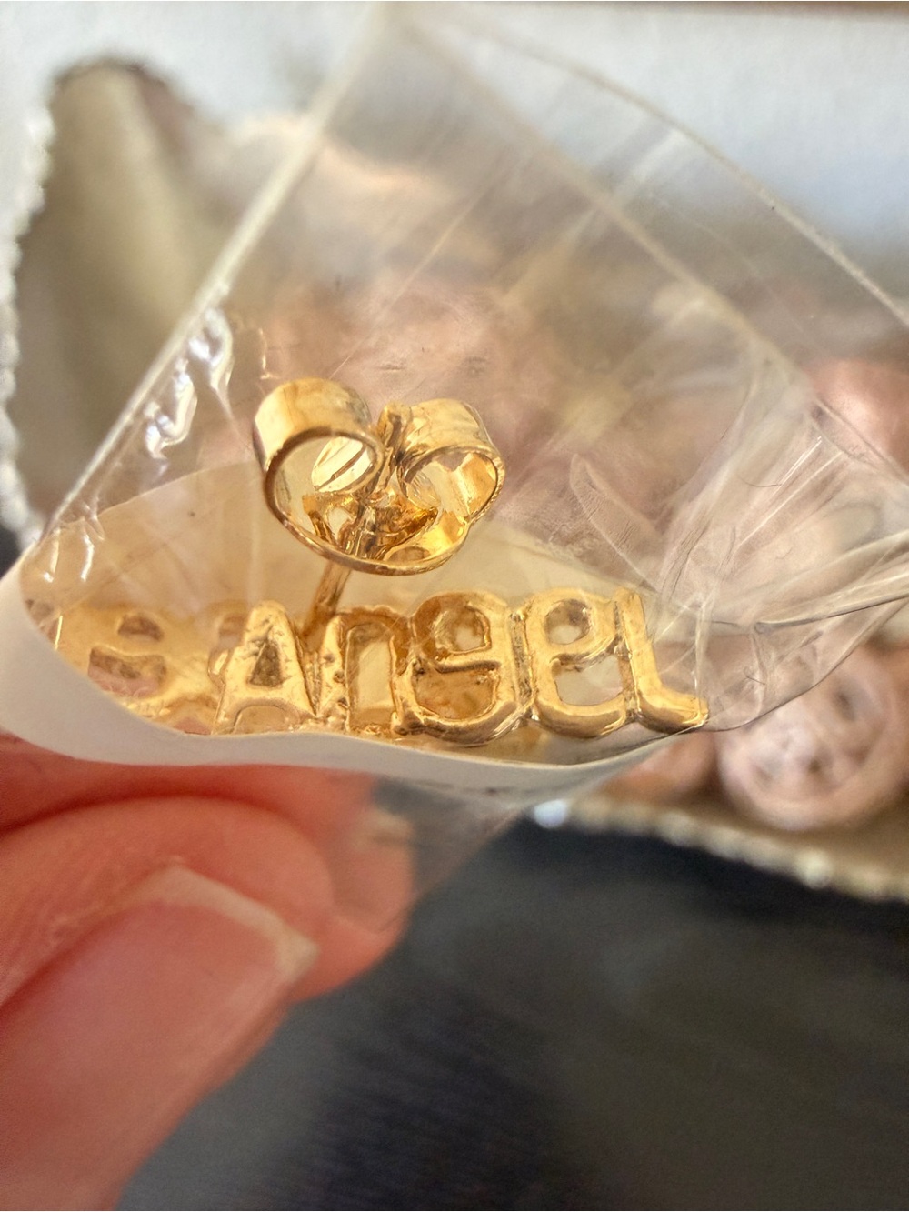 NWT Karola & Co. Gold Angel Script Stud Earrings Water Resistant 18k Plated
